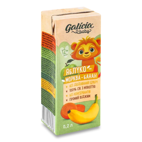 Сік Гомогенізований Стерилізований Для Дітей З М'якоттю Яблуко-Морква-Банан Baby Galicia, 0.2л