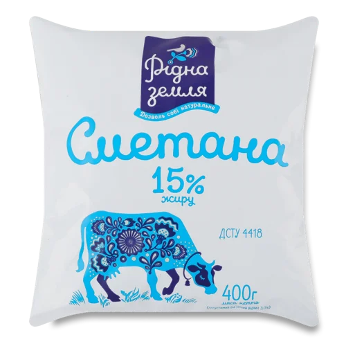Сметана 15% Натуральна Рідна Земля, м/у, 400 г