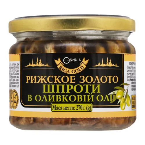 Шпроти в оливковій олії Рижское золото с/б 270г