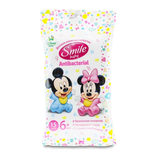 Вологі Серветки Smile Baby Антибактеріальні, 15 шт х6, для дітей