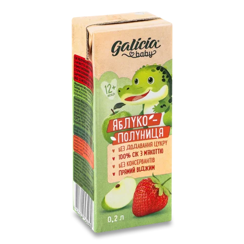 Сік Дитячий Гомогенізований Стерилізований Яблуко-Полуниця Baby Galicia т/п 0.2л