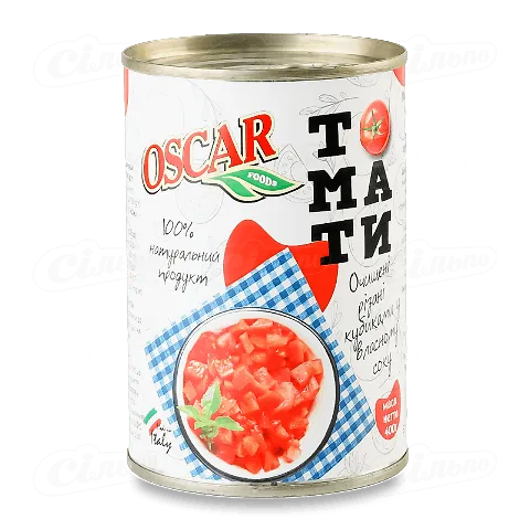 Томати Oscar очищені різані кубиками у власному соку, 400г