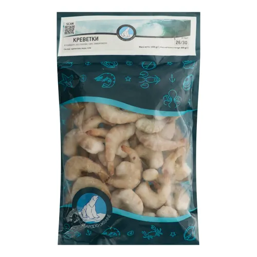 Креветки в панцирі сирі морожені 26/30 Polar Seafood б/г м/у 800г