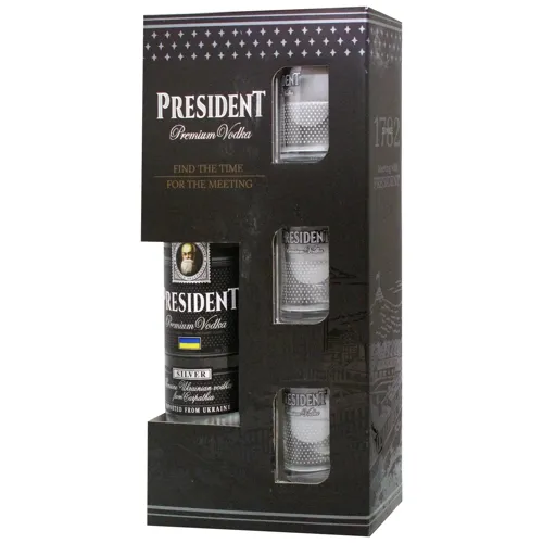 Горілка President Premium Silver 40% 0,5л + 3 чарки