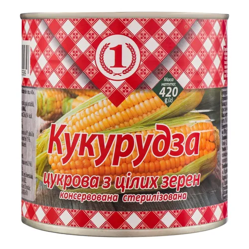 Кукурудза цукрова з цілих зерен консервована №1 з залізної банки 420г