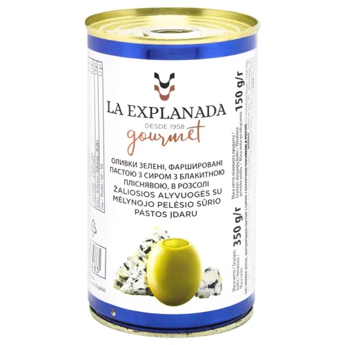 Оливки Explanada зелені з сиром з блакитною пліснявою в розсолі 370мл