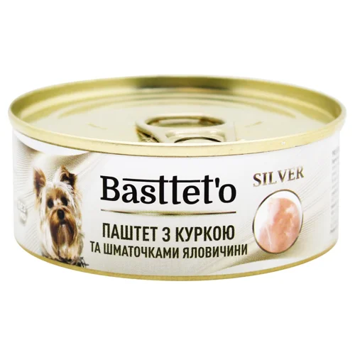 Корм вологий Basttet'o Silver з куркою та шматочками яловичини для собак 85г