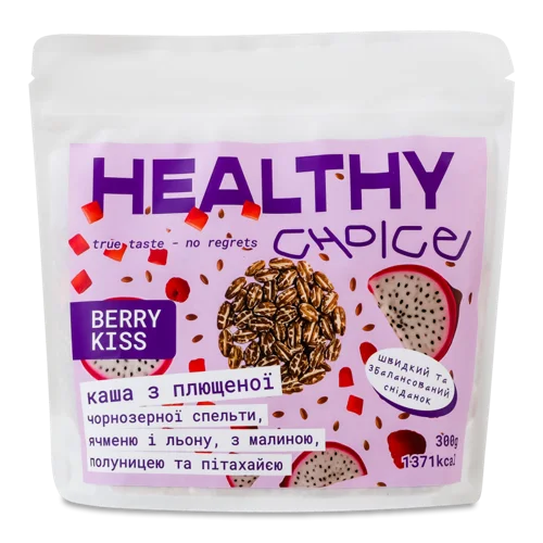 Каша З Плющеної Чорнозерної Спельти, Ячменю, Льону З Малиною, Полуницею Та Пітахайєю, Berry Kiss Healthy Choice, д/п, 300г