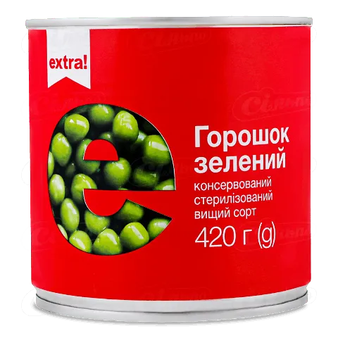Горошок Extra! зелений консервований у залізній банці, 420г