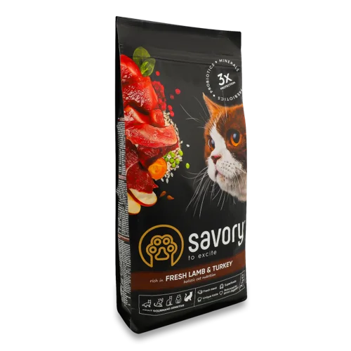 Корм сухий повнораціонний для котів, Ягня та Індичка, Savory, в/к, 2 кг