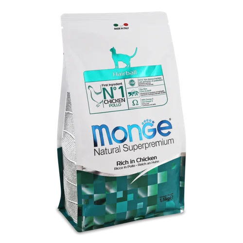 Корм сухий повнораціонний для котів з куркою Hairball Natural superpremium Monge, в/к, 1.5кг