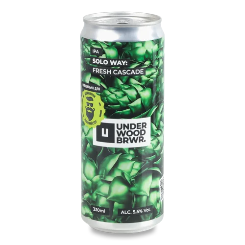 Пиво Світле Нефільтроване Непастеризоване Fresh Cascade Solo Way Underwood Brewery, 0.33л, 5.5% з/б