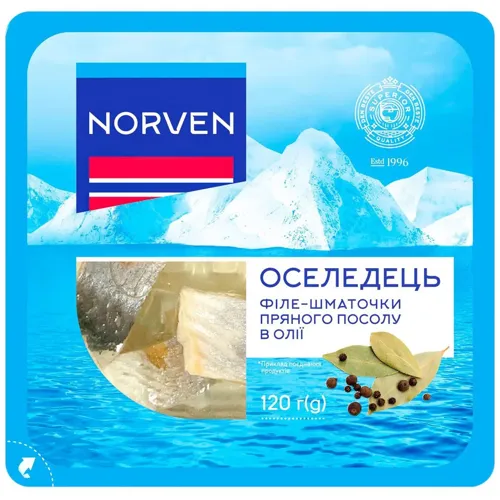 Оселедець філе-шматочки пряного посолу в олії 120г Norven