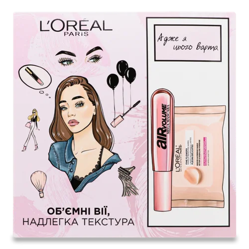 Набір Туш для Вій Air Volume 9.4мл + Серветки для Зняття Макіяжу Fine Flowers, Лореаль Париж, в/с, 1шт