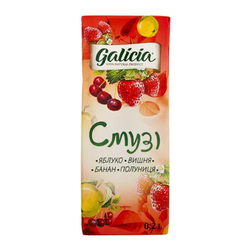 Сік з м'якоттю із суміші фруктів "Смузі яблуко-вишня-банан-полуниця" стерилізований ТМ "Galicia"