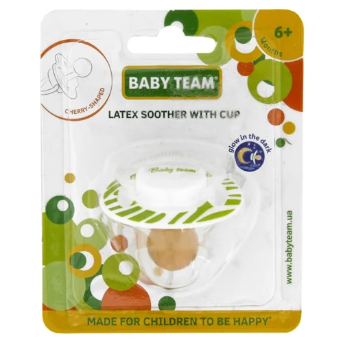 Пустушка Baby Team латексна з ковпачком та кільцем, що світиться вночі