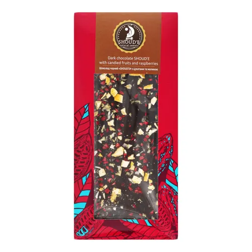 Шоколад чорний з цукатами та малиною Shoud'e 100г