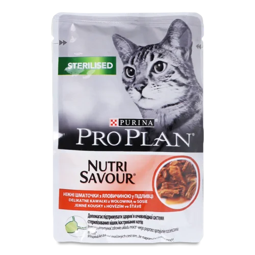 Корм Консервований Для Дорослих Котів З Яловичиною Nutri Savor Sterilised Pro Plan, з/б 85г