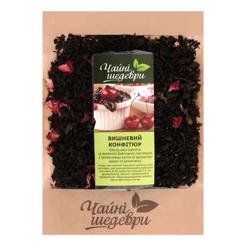 Чай чорний та зелений байховий листовий з пелюстками квітів та ароматом вишні та шовковиці Вишневий конфітюр Чайні шедеври кг