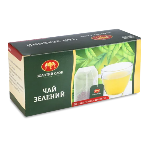 Зелений Чай Золотий Слон, Вищого Ґатунку, Картонна Упаковка, 20 Пакетів По 1.5 Г