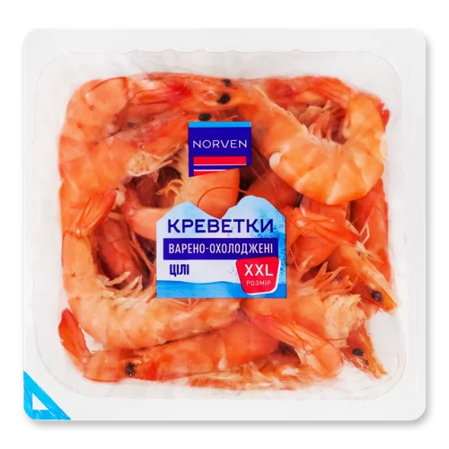 Креветки Цілі Варено-Охолоджені В/ґ XXL Norven, Лоток 600г
