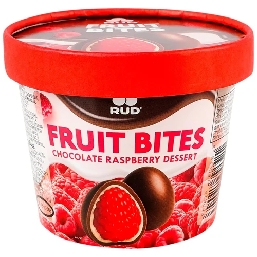 Десерт Рудь Fruit Bites Малина в білому та молочному шоколаді заморожений140г