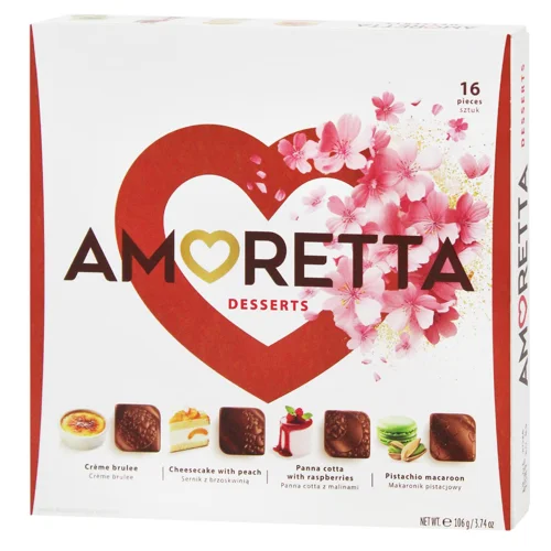 Цукерки AAmoretta Desserts у молочному шоколаді зі смаком крем-брюле, фі сташковий макарун, панакота з малиною, чізкейк з персиком Mieszko 106г