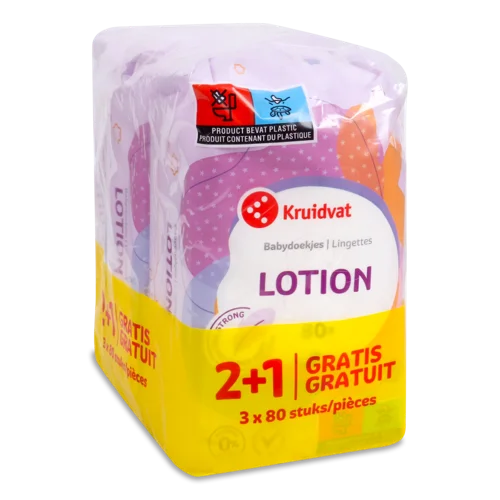 Дитячі Вологі Серветки з Лосьйоном, 2+1, Kruidvat, 3х80шт