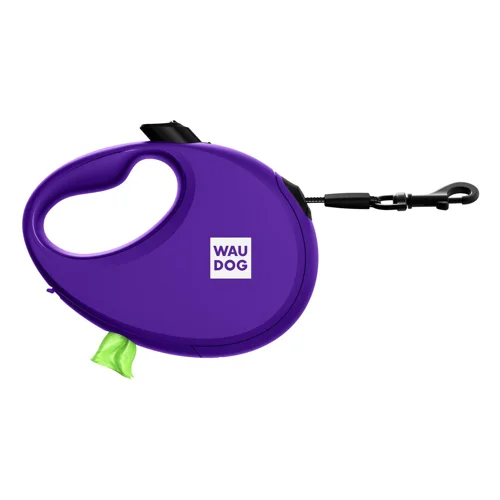 Повідець-рулетка Waudog R-leash зі стрічкою M до 20кг 5м з контейнером для пакетів фіолетовий