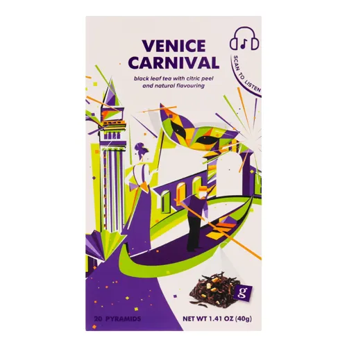 Чай g’tea! ВЕНЕЦІАНСЬКИЙ КАРНАВАЛ, чорний байховий листовий з цедрою лимону та натуральним ароматизатором, 20x2 г у пірамідках