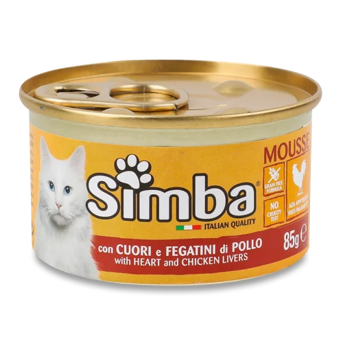 Корм Консервований Для Дорослих Котів Та Кішок Курячі Серця-Печінка Simba з/б 85г