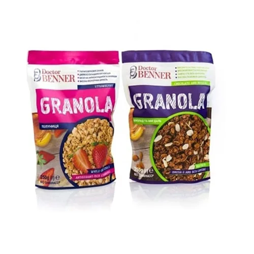 Сухий сніданок  Гранола Dr.Benner (шоколад та мигдаль, полуниця)  250г