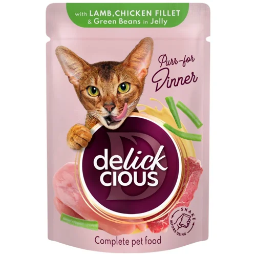 Корм вологий Delickcious з ягнятиною, куркою та спаржевою квасолею для котів 85г