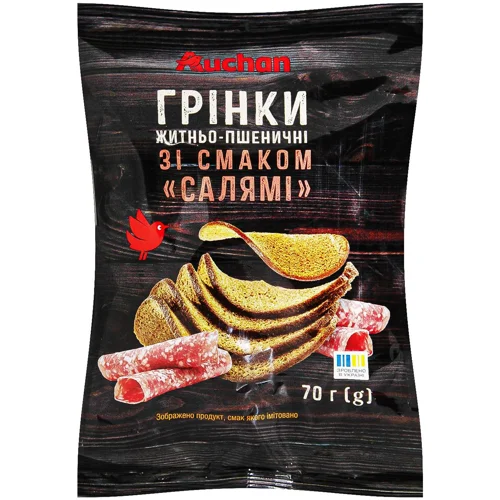 Грінки Auchan житньо-пшеничні зі смаком Салямі 70г