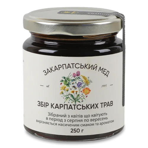 Мед Натуральний Закарпатський Збір Карпатських Трав, Медовий Край, скляна банка 250г
