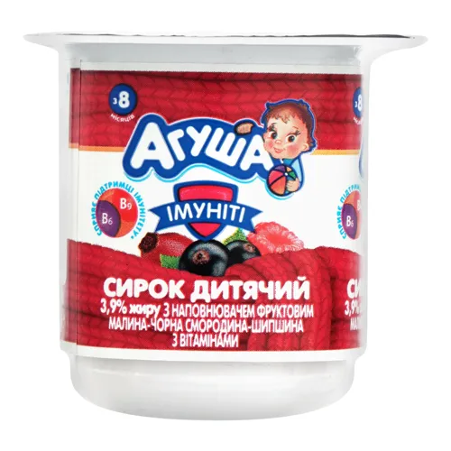 Сирок 3.9% для дітей від 8 місяців з наповнювачем фруктовим малина-чорна смородина-шипшина Імуніті Агуша ст 100г