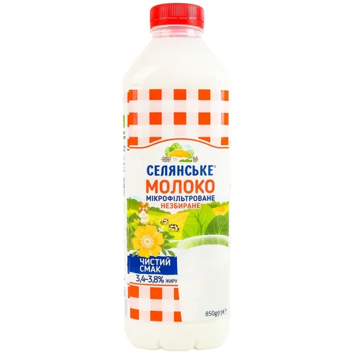 Молоко Селянське мікрофільтроване пастеризоване незбиране 3.4-3.8% 850г