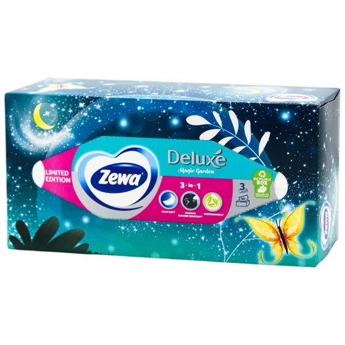 Серветки косметичні Zewa Deluxe тришарові 90шт дизайн в асортименті