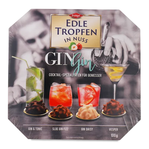 Цукерки Шоколадні З Начинкою З Спиртних Напоїв, Посипані Шматочками Фундука Gin Gin Edle Tropfen В/К 100г