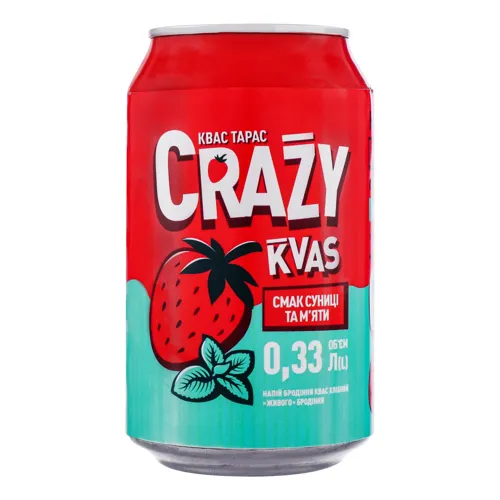 Квас зі смаком суниці і м'яти сильногазований пастеризований Crazy kvas Квас Тарас 0.33л
