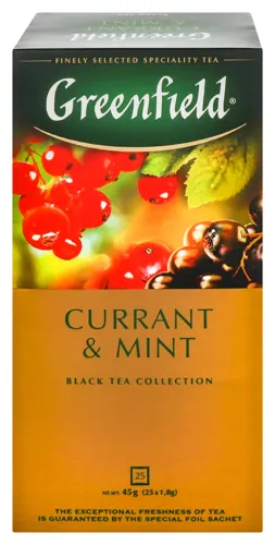 Чай чорний індійський байховий дрібний з ароматом смородини та рослинними компонентами Currant&Mint Greenfield к/у 25х1.8г