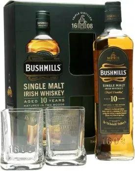 Віскі Bushmills Single Malt 10 років витримки 0.7л 40% в подарунковій упаковці з 2 стаканами