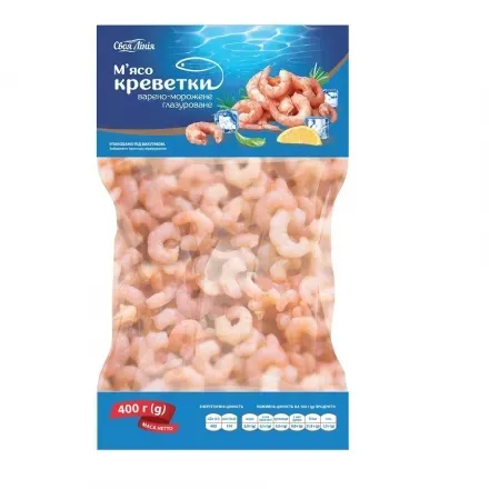 М'ясо креветки 400г Своя лінія варено-морожене глазуроване вакуумне упакування