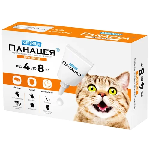 Краплі на холку Superium Панацея для котів від 4 до 8кг від зовнішніх та внутрішніх паразитів 1 піпетка