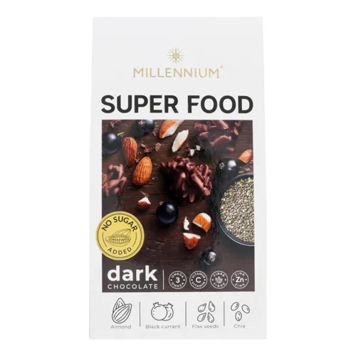 Цукерки шоколадні чорні з мигдалем, смородиною, льоном та чіа з підсолоджувачами Super Food Millennium к/у 80г