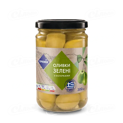Оливки зелені цілі «Премія»® з кісточкою в розсолі, 300г
