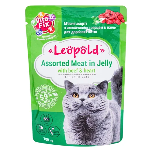 Корм вологий Leopold з яловичиною та серцем для котів 100г