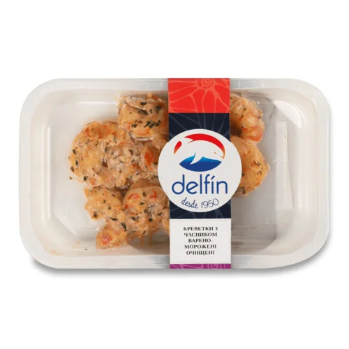 Креветки Delfin із часником варено-морожені очищені 150г