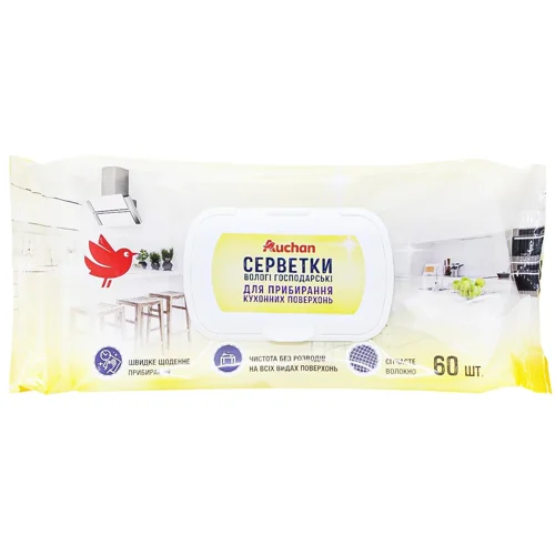 Серветки вологі Auchan для кухонних поверхонь 60шт