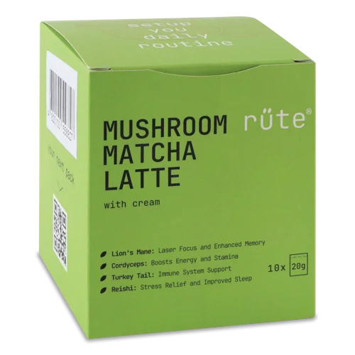 Зелений Порошкоподібний Чай Matcha Latte з Безлактозними Вершками та Грибами, Картонна Упаковка 10х20г